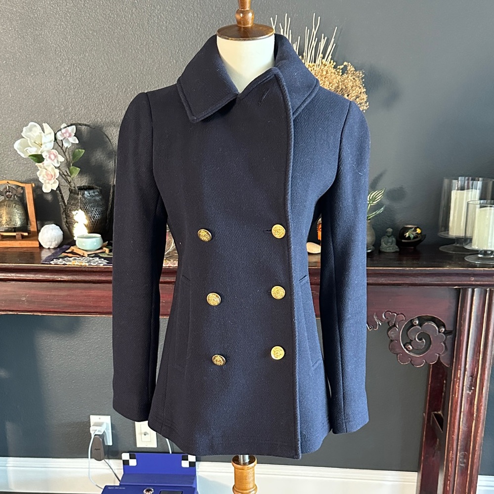 J. Crew Dark Blue Pea Coat with Gold Buttons